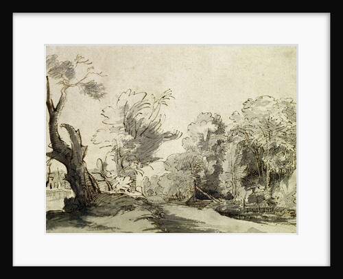 Landscape with a path, an almost dead tree on the left and a footbridge leading to a farm on the right by Rembrandt Harmensz. van Rijn