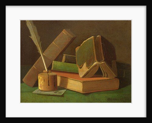 Still life with books and ink well by William Michael Harnett