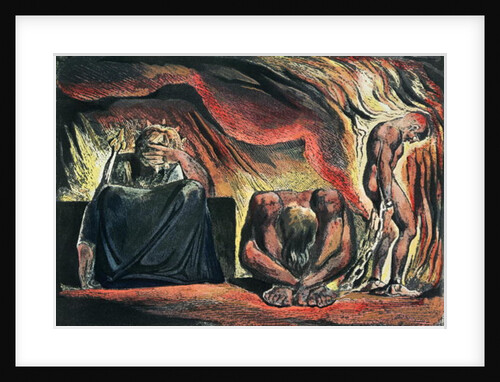 Jerusalem The Emanation of the Giant Albion; plate 51 Vala, Hyle and Skofeld, showing the crowned Vala crouched in despair with two of her acolytes: Hyle and Scofeld, c.1804-20 by William Blake