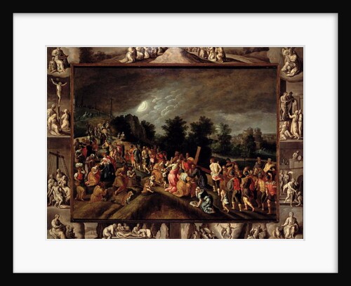 The Road to Calvary, Depicted in the Central Panel and Scenes from the Crucifixion and Resurrection on the Frame by Gillis Mostaert
