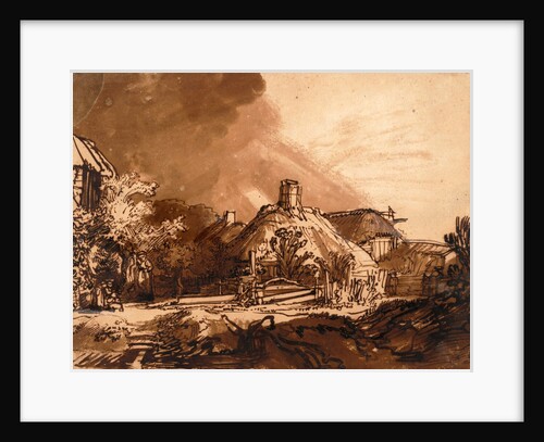 Cottages before a stormy sky by Rembrandt Harmensz. van Rijn