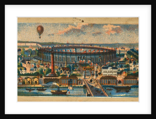 View of the Paris Exposition of 1867 showing waterfront, main exhibit building, and balloon flying in the distance by French School