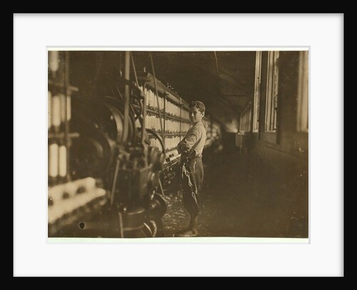 John Dempsey, 11 or 12 years old, Saturday worker in the mule-spinning room at Jackson Mill, Fiskeville, Rhode Island, 1909 by Lewis Wickes Hine