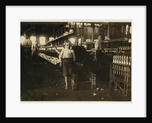 8 year old Leo, only 4 feet tall, picks up bobbins for 15 cents a day at Elk Cotton Mills, Fayetteville, Tennessee, 1910 by Lewis Wickes Hine