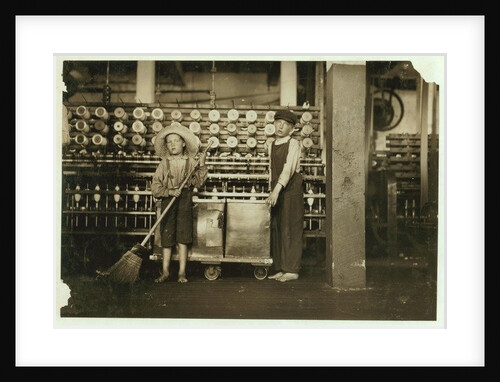 12 year old doffer Ronald Webb and 7 year old Frank Robinson, son of cardroom boss, who sweeps and doffs at Roanoke Cotton Mills, Virginia, 1911 by Lewis Wickes Hine