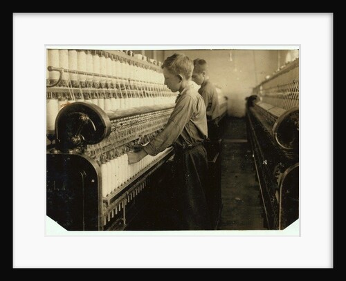 Doffers replacing full bobbins at Indian Orchard Cotton Mill, Massachusetts, 1916 by Lewis Wickes Hine