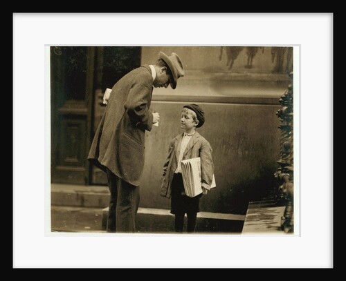 8 year old newsboy Michael McNelis, who'd just recovered from his second bout of pneumonia, selling papers in a rain storm by Lewis Wickes Hine