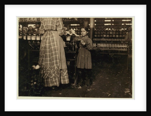 Fannie, 48 inches high, aged 7, one of 19 children helping her sister in Elk Mills, Fayetteville, Tennessee, 1910 by Lewis Wickes Hine