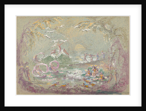 Lake Scene with Fairies and Swans (watercolour and gouache over black chalk on blue-green board by Robert Caney