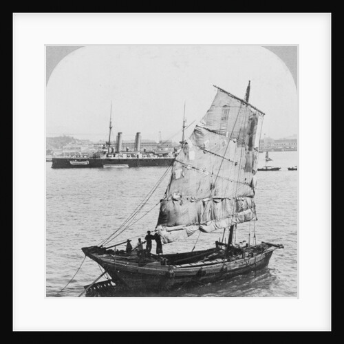 Chinese junk and British battleship in the harbour at Hong Kong, 1902 by Carlton Harlow Graves