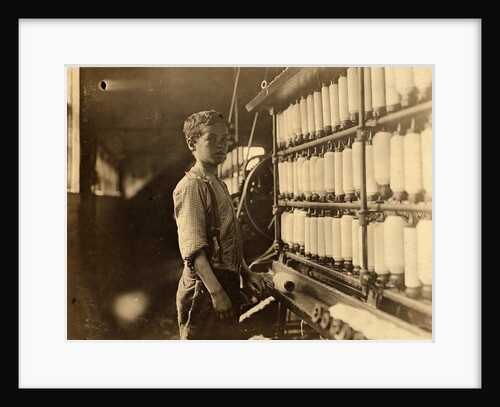 John Dempsey, 11 or 12 years old, Saturday worker in the mule-spinning room at Jackson Mill, Fiskeville, Rhode Island, 1909 by Lewis Wickes Hine
