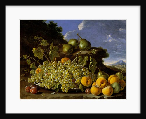 Still life with plate of grapes, peaches, pears and plums in a landscape, c.1771 by Luis Egidio Menendez or Melendez
