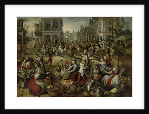 Marketplace, with the Flagellation, the Ecce Homo and the Bearing of the Cross in the background, 1550-90 by Joachim (circle of) Beuckelaer or Bueckelaer