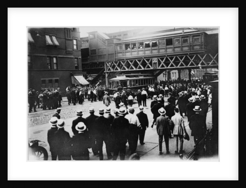 Strikes, street railways, New York. Stopped car on 86th St. and 6th Ave., 1916 by American Photographer