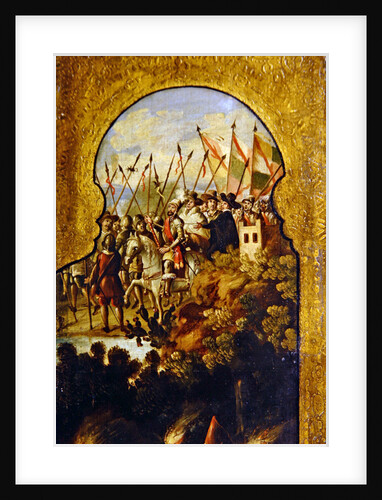 The arrival of the Spanish, lead by Cortez, in the plateau of Mexico City by Spanish School