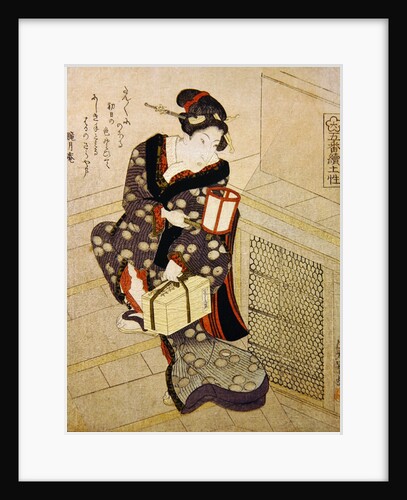 Woman climbing the stairs holding a lamp and a box by Utagawa Sadakage