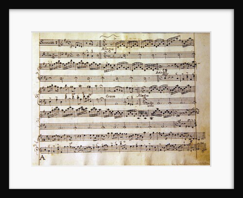 Manuscript page from the score of Opus V, 'Sonata for violin, violone, and harpsichord' by Arcangelo Corelli