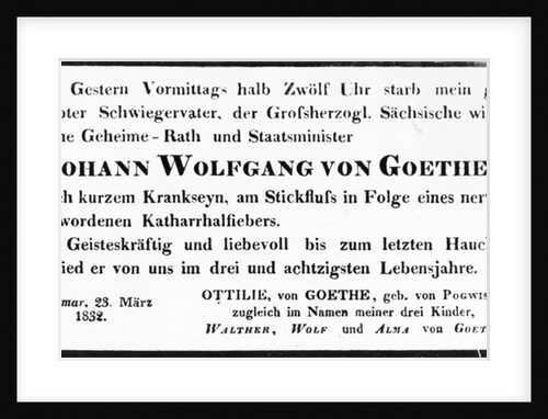 Johann Wolfgang von Goethe's Death Notice, 1832 by Johann Wolfgang von Goethe