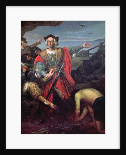 Christopher Columbus, on board his caravel, gestures to the island of Guanahani on 12 October 1492 by School Spanish