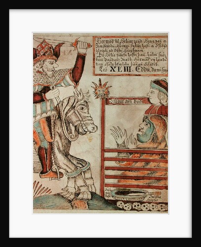 Hermod astride Sleipnir, his father's famous eight-legged charger, at the barred gates of the Kingdom of Hel by Icelandic School