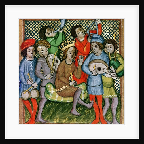 Seated crowned figure surrounded by musicians playing the lute, bagpipes, triangle, horn, viola and drums by Czech School