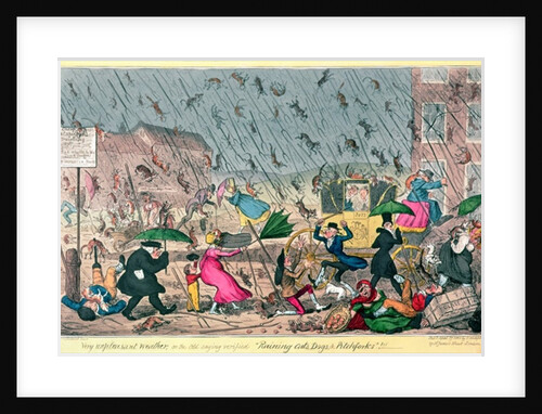 Very Unpleasant Weather, or the Old Saying verified 'Raining Cats, Dogs and Pitchforks!', pub. by G. Humphrey, 1820 by George Cruikshank