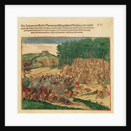 Battle between the Indians and the Spanish in which the Spanish colonel was beaten to death by Theodor de Bry