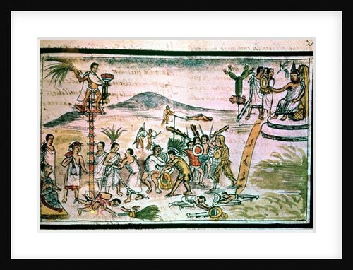 Aztec warriors engage in a ceremonial battle known as the Flowery War, in order to capture future victims for sacrifice by Spanish School