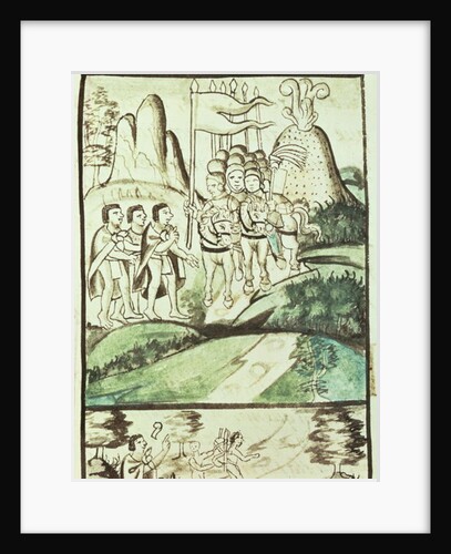 Cortes entering the Valley of Mexico between the volcanoes of Popocatepetl and Ixtaccihuatl by Mexican School