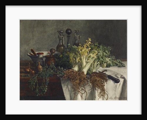 Still Life on Kitchen Table with Celery, Parsley, Bowl and Cruets, 1865 by Leon Bonvin