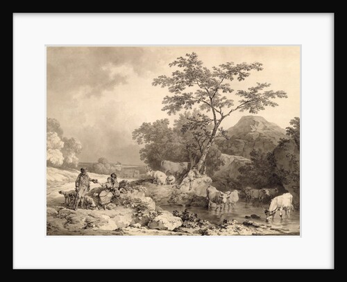 Figures by a stream with cattle watering by Philip James de Loutherbourg