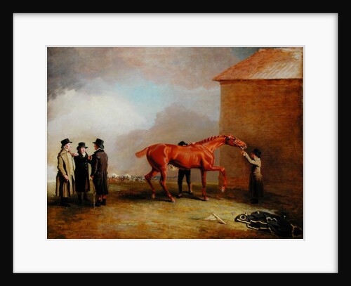 Muly Moloch, a chestnut colt being rubbed down on Newmarket Heath, with portraits of Trotter, Hardy and Thompson on the left by Benjamin Marshall
