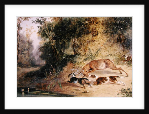 Deerhound and Bitch Cornering a Stag at the Edge of a Woodland Pool by Newton Fielding