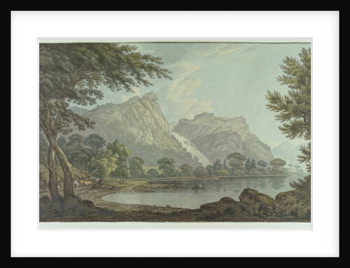 Lodore Rocks - fall & cottage distance by Joseph Farington