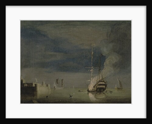 A Two-Decker on Fire at Night off a Fort, c.1740 by Charles Brooking