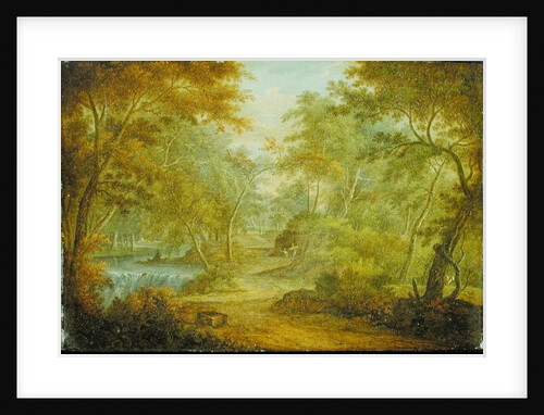 A Wooded Landscape with a Stream and a Fisherman by Thomas Smith of Derby