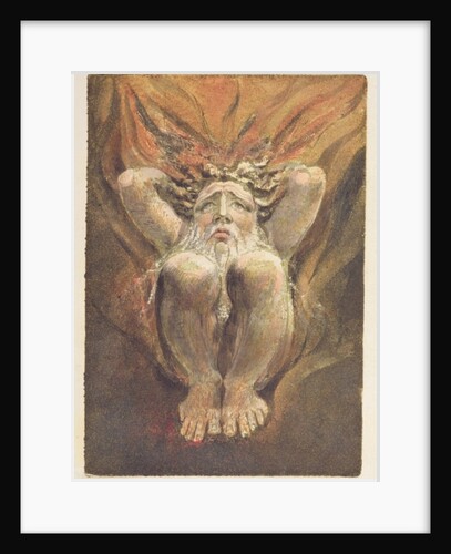 A naked man crouched in flames, with his hands behind his head by William Blake