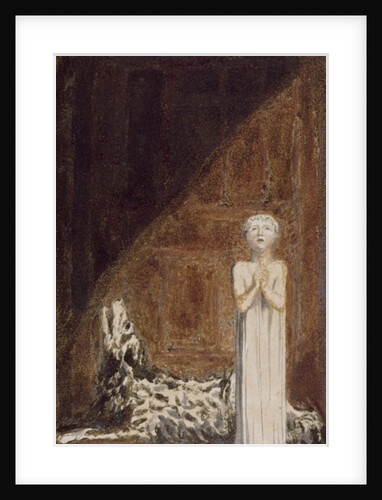 A boy in a long dress, standing with clasped hands next to a dog by William Blake