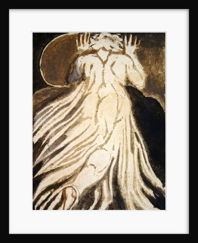 A white haired man in a long, pale robe who flees from us with his hands raised by William Blake