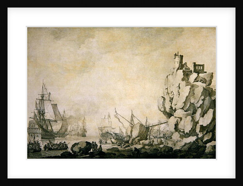 Ships and militia by a rocky shore, c.1680 by Willem van de the Elder Velde