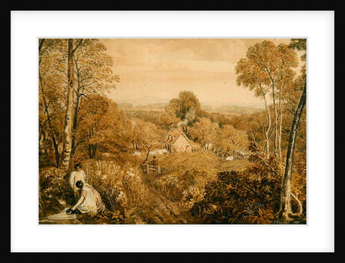 Wooded landscape with cottages and countrywomen, Hurley, Berks, 1818 by Joshua Cristall
