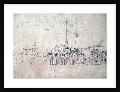 A Gathering of horsemen with coach, tents and flags by Sawrey Gilpin