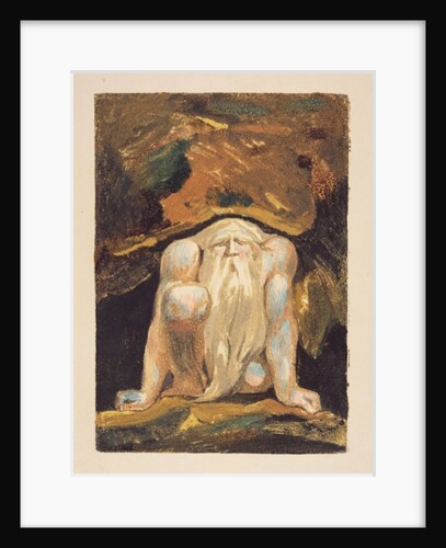 A naked man with a long beard kneeling with one knee raised and both hands on the ground by William Blake