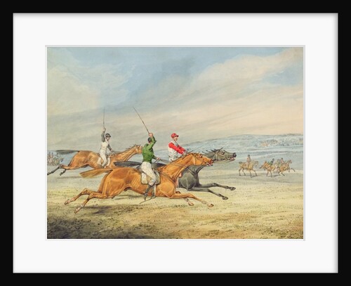 Steeplechasing: Three Riders galloping to right, mounted spectators in background by Henry Thomas Alken