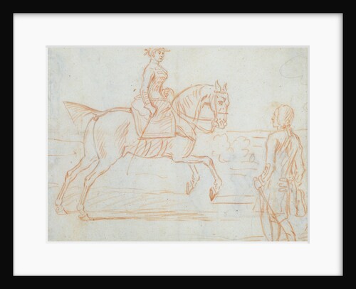 A lady riding side-saddle turns to look at a dismounted rider by James Seymour