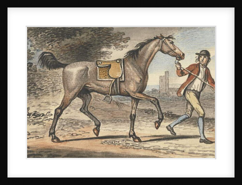 Stable boy leading a trotting Horse in a landscape with a castle tower by John Collet