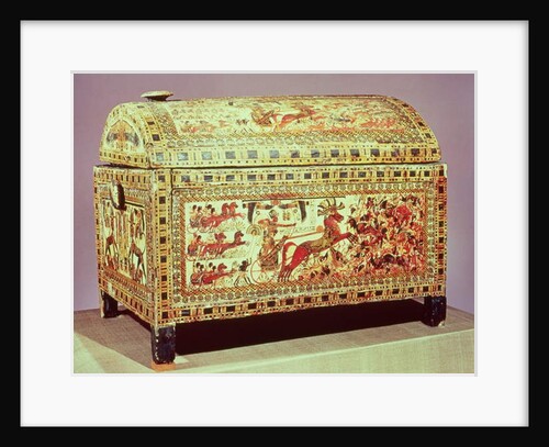 Tutankhamun on his chariot attacking Asiatics, side of a chest, New Kingdom, c.1340 BC by Egyptian Egyptian