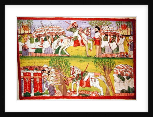 Burning of Churches by Muslims and the Death of Cristobal de Gama and the Fall and Death of Ahmed ibn Ibrahim al-Ghazi Shot by a Portuguese Musketeer, c.1900 by Kegneketa Jemlieri Hailu of Gondar