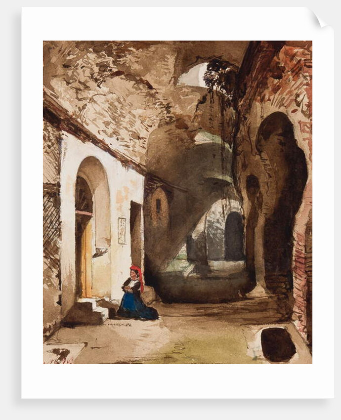 Woman praying at vaulted shrine in the amphitheatre of Pozzuoli, with additions by Princess Maria Annunziata di Borbone by Giacinto Gigante