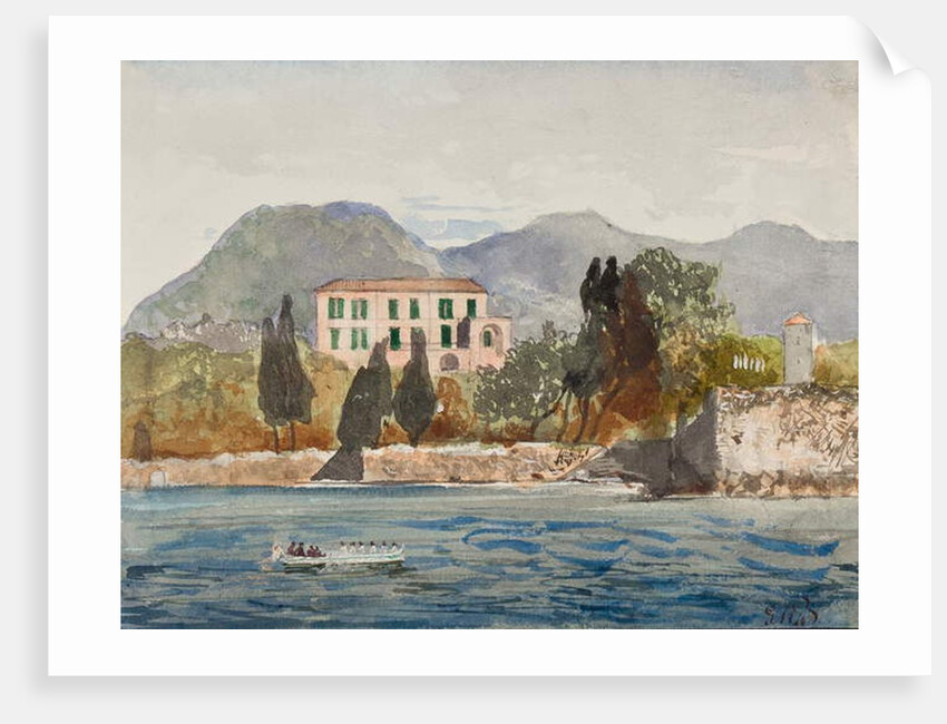 Rowing barge with the Borbone flag approaching a large house on the Neapolitan coast, with additions by Prince Gaetano Maria Federico di Borbone by Giacinto Gigante